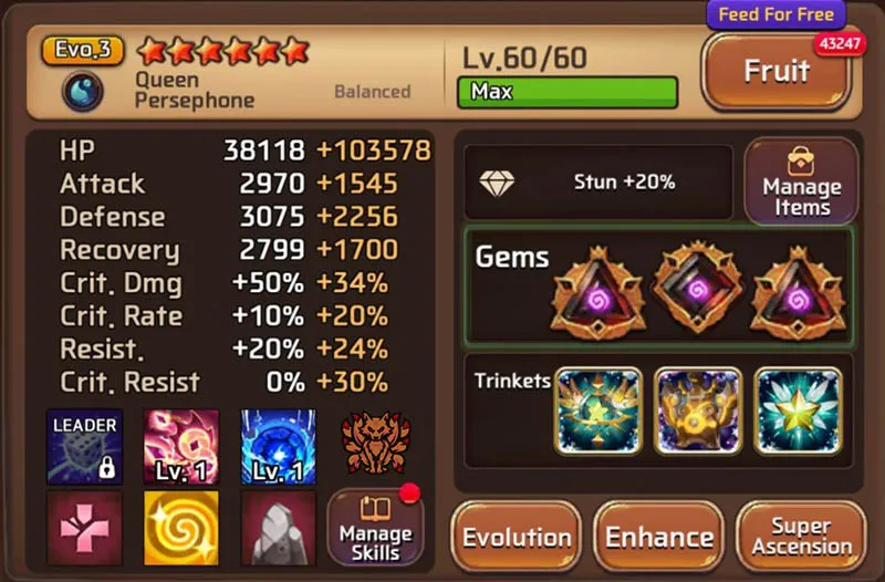 Water Persephone Stats