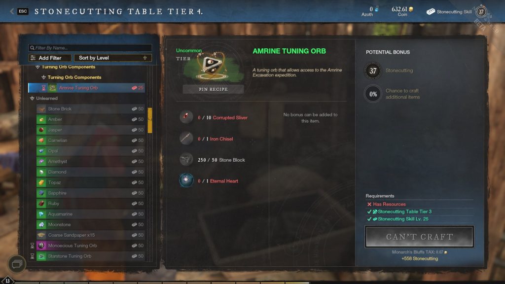 New World Amrine Tuning Orb Materials